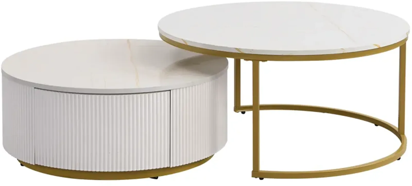 Merax Modern Round Nesting Coffee Table Fluted with Drawer