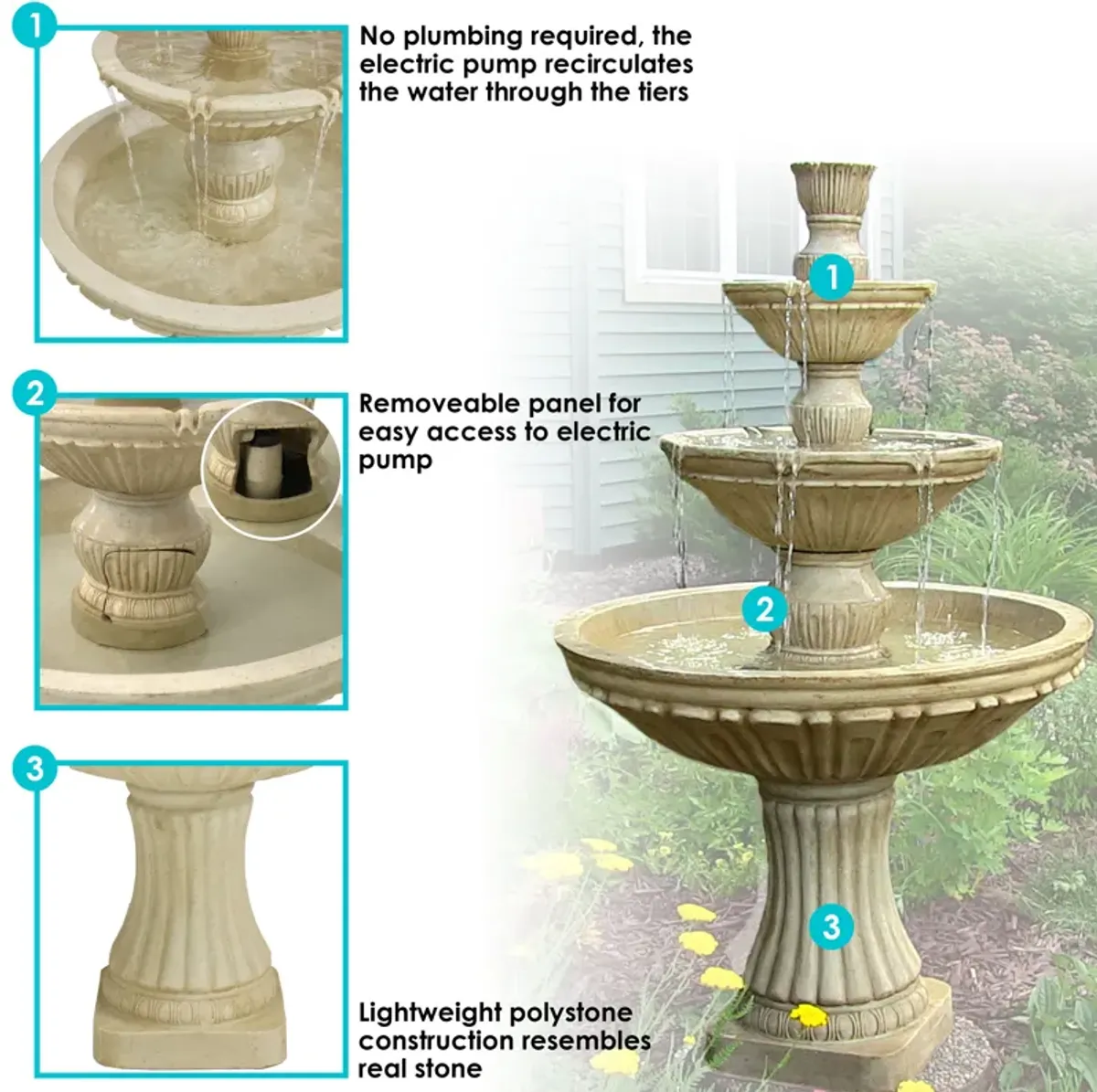 Sunnydaze Classic Designer Polystone Outdoor 3-Tier Fountain