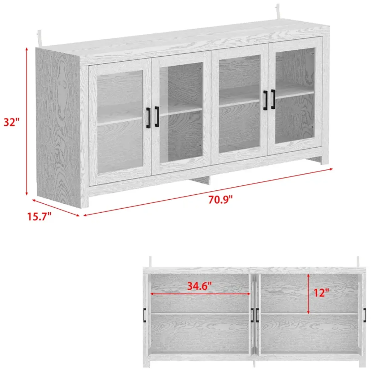 FUFU&GAGA 4-Door Sideboard with Glass Doors, Modern Storage Cabinet, (70.9" W x 15.7" D x 32" H), White