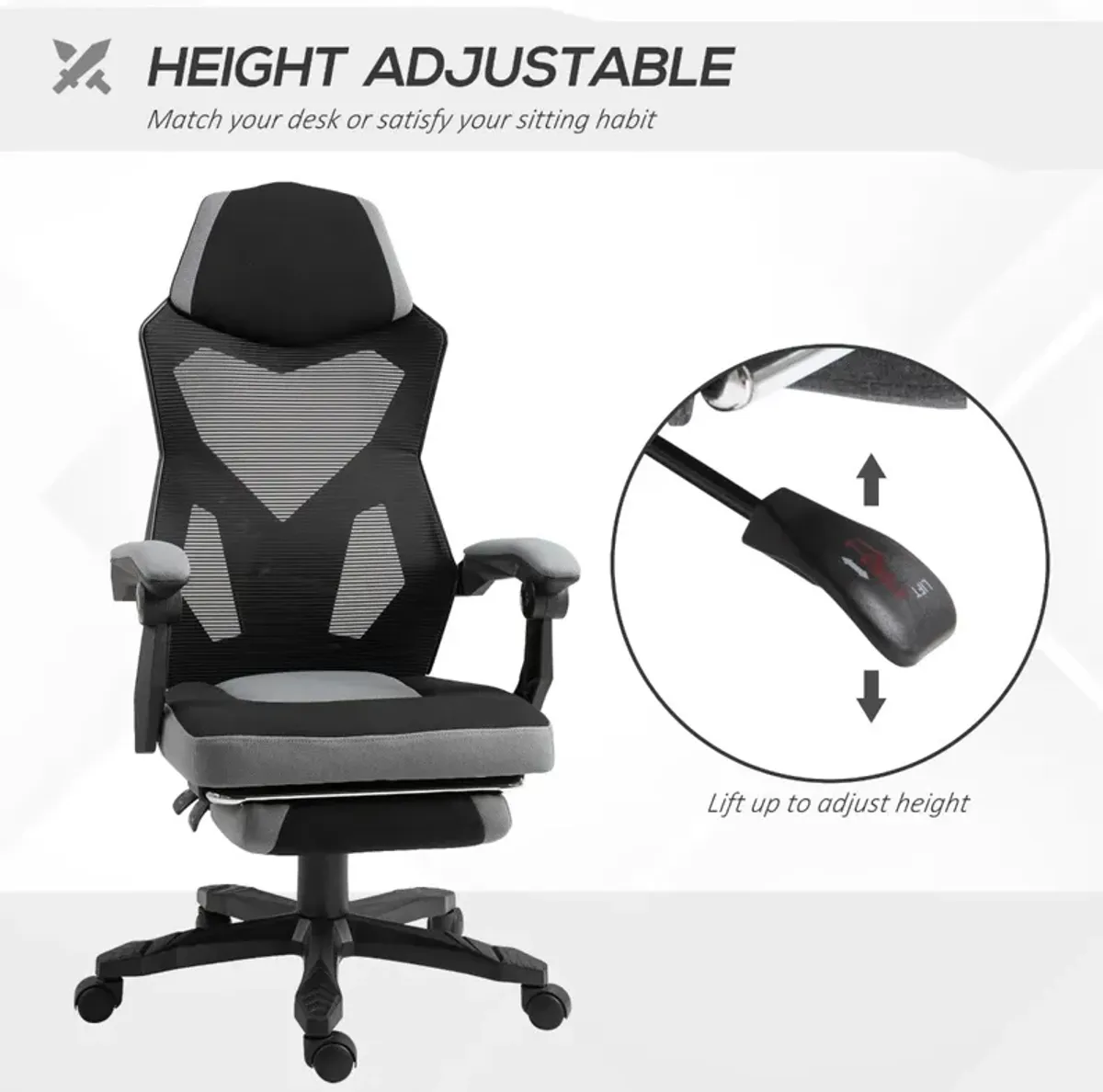 Grey Ergonomic Task Chair: Mesh Office Chair with Adjustable Footrest