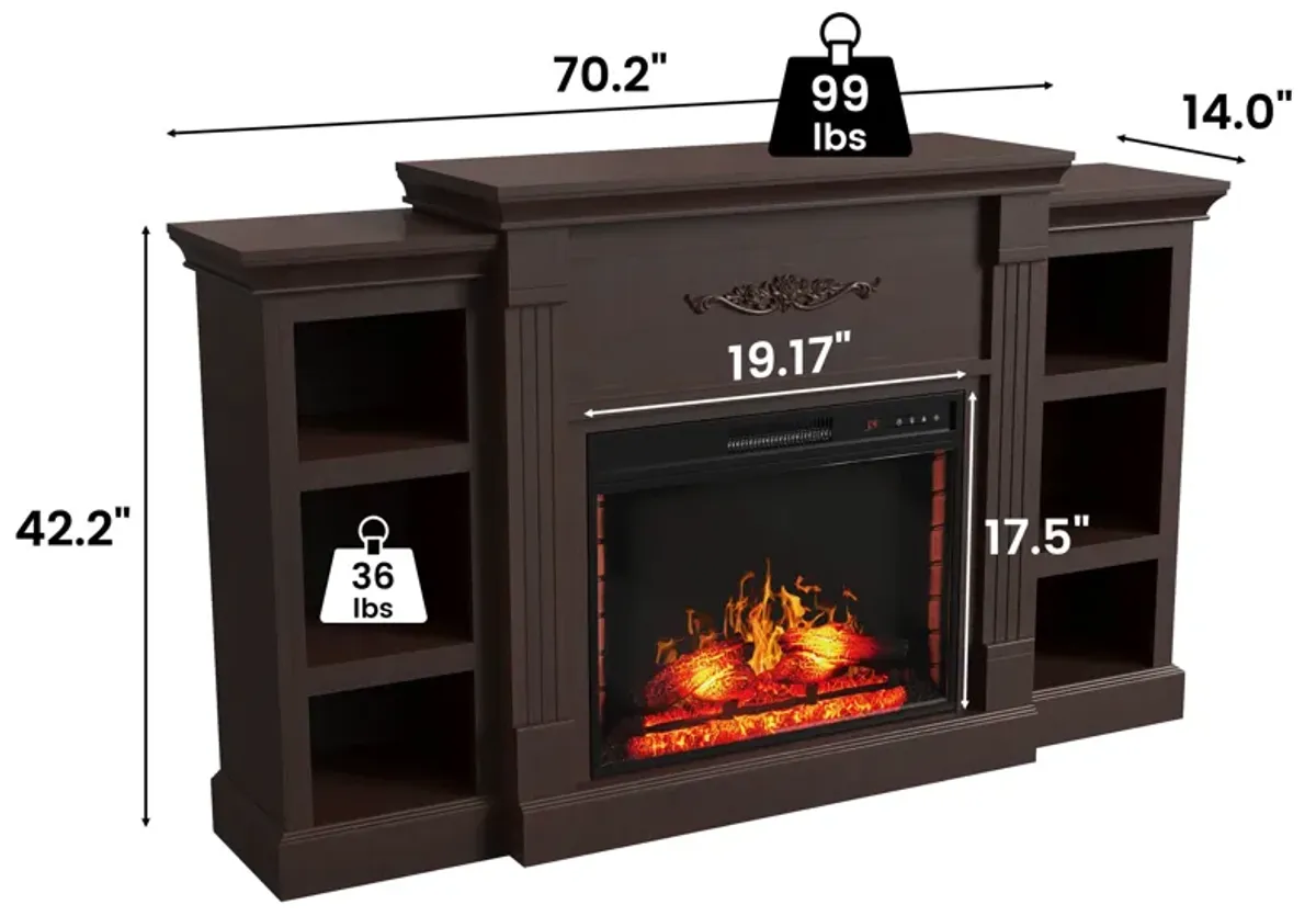 Mondawe 70.2" w Vintage Brown TV Stand With Fan Flat Panel Wall Mounted Electric Fireplace With Remote Control And Adjustable 4 Flames