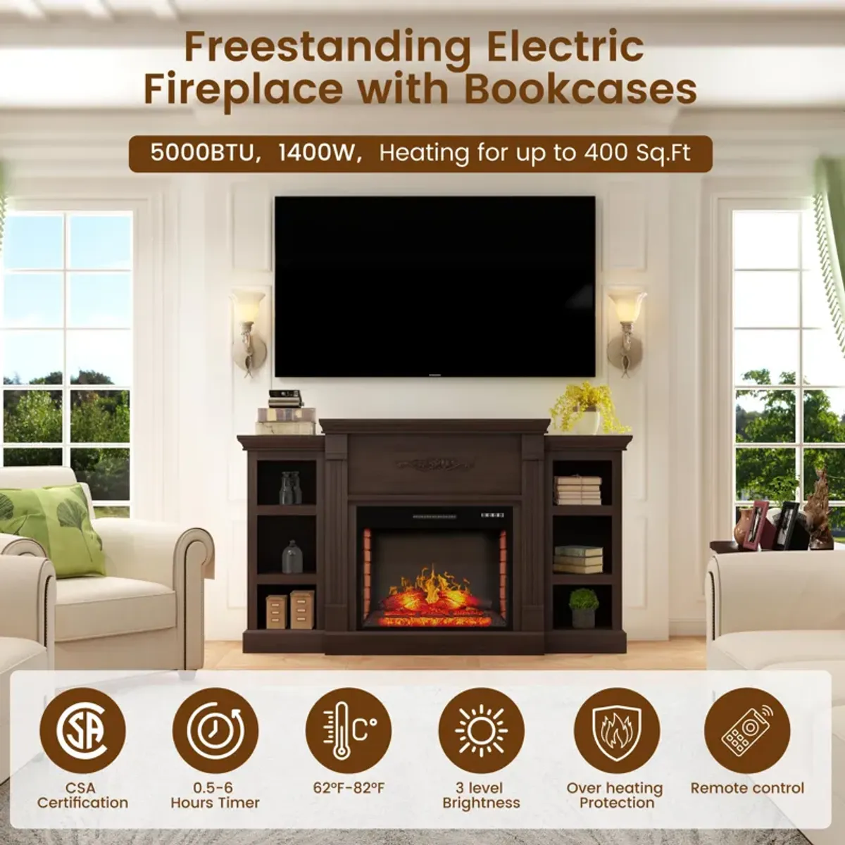 Mondawe 70.2" w Vintage Brown TV Stand With Fan Flat Panel Wall Mounted Electric Fireplace With Remote Control And Adjustable 4 Flames