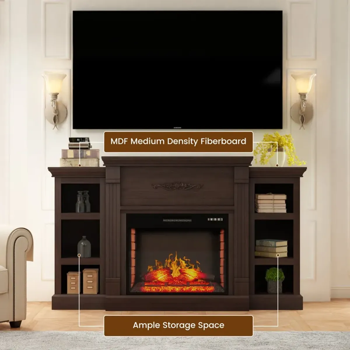 Mondawe 70.2" w Vintage Brown TV Stand With Fan Flat Panel Wall Mounted Electric Fireplace With Remote Control And Adjustable 4 Flames