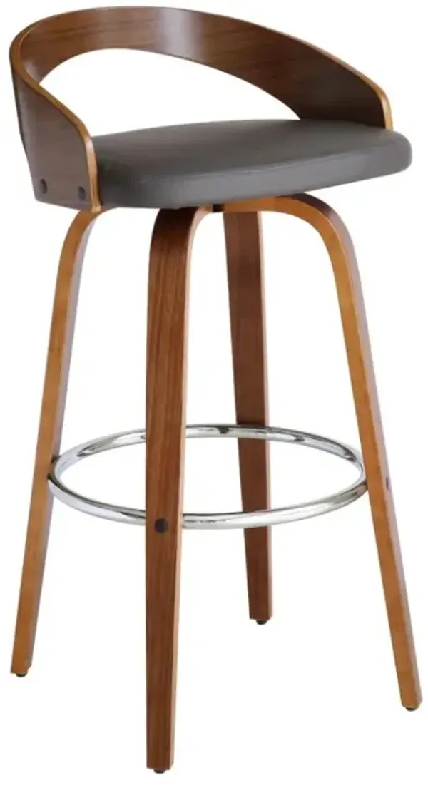 Hivvago 30 Inch Gray and Brown Faux Leather and Iron Low Back Bar Height Swivel Bar Chair