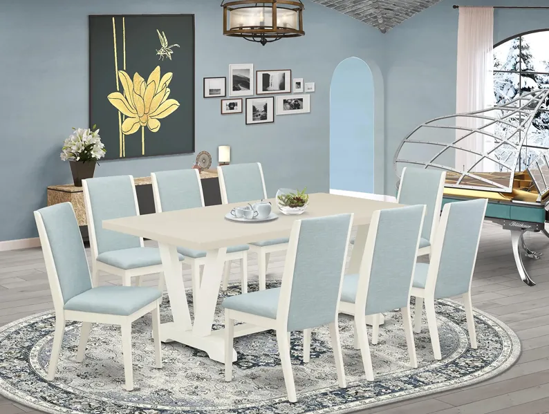 East West Furniture V027LA015-9 9Pc Dining Room Table Set Consists of a Rectangle Table and 8 Parsons Dining Chairs with Baby Blue Color Linen Fabric, Medium Size Table with Full Back Chairs, Wirebrushed Linen White Finish