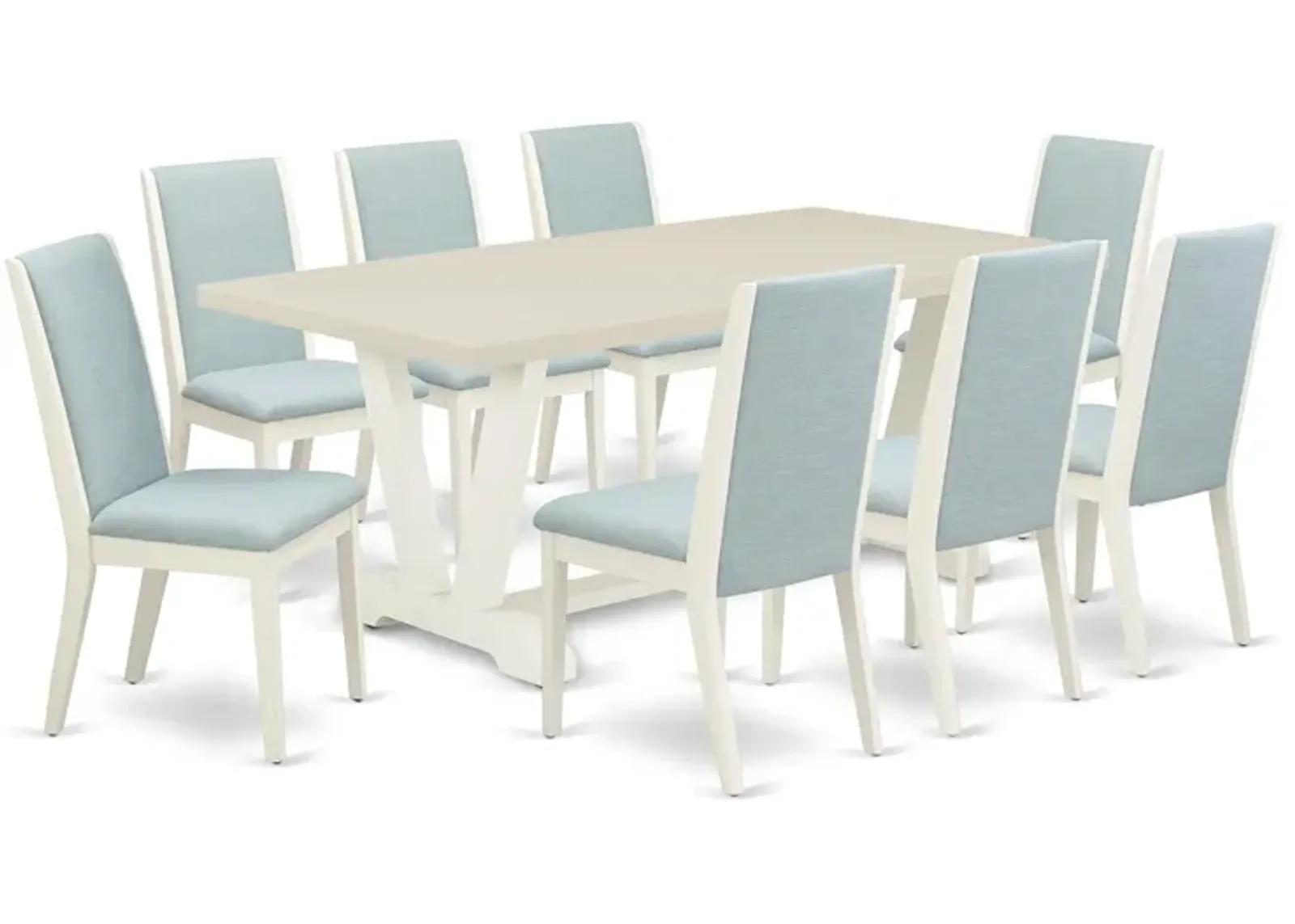 East West Furniture V027LA015-9 9Pc Dining Room Table Set Consists of a Rectangle Table and 8 Parsons Dining Chairs with Baby Blue Color Linen Fabric, Medium Size Table with Full Back Chairs, Wirebrushed Linen White Finish