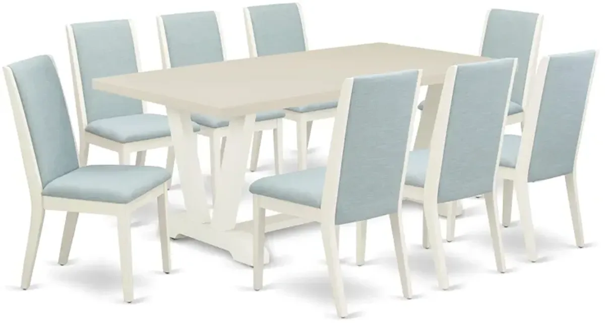 East West Furniture V027LA015-9 9Pc Dining Room Table Set Consists of a Rectangle Table and 8 Parsons Dining Chairs with Baby Blue Color Linen Fabric, Medium Size Table with Full Back Chairs, Wirebrushed Linen White Finish