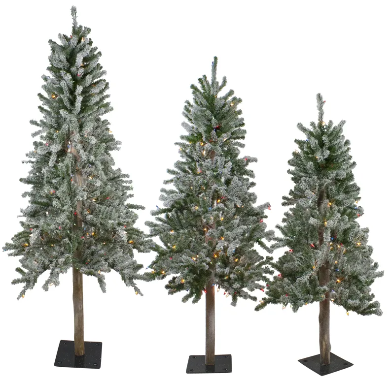 Set of 3 Pre-Lit Slim Flocked Alpine Artificial Christmas Trees 6' - Multicolor Lights