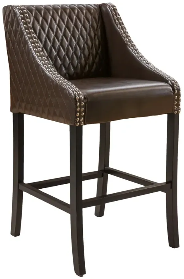 Cross Barstool Chair, Curved Armrest Design, Dark Brown Bonded Leather - Benzara
