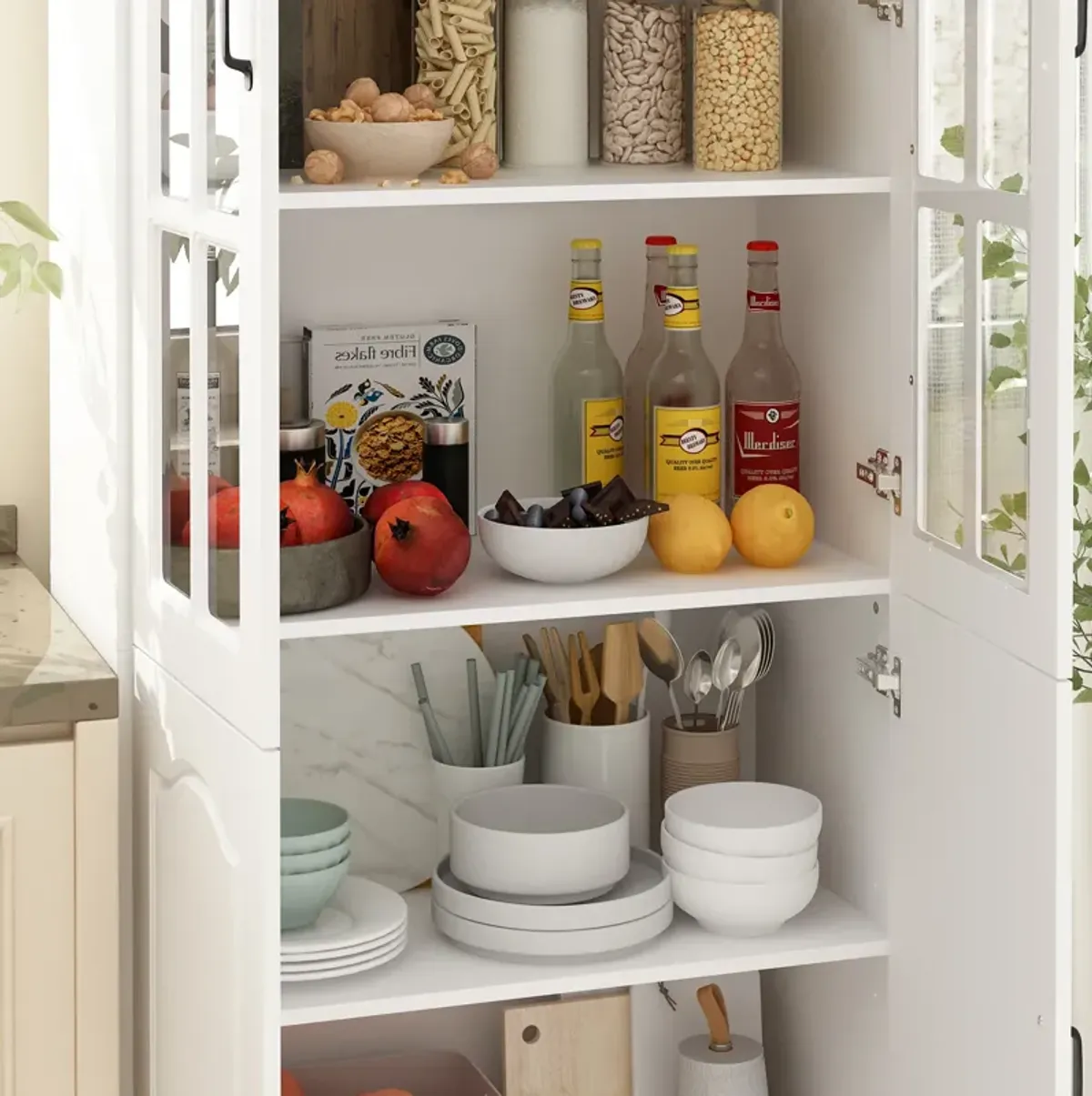 FUFU&GAGA Kitchen Pantry Cabinet with Glass Doors and Adjustable Shelves for Storage (31.5" W x 15.7" D x 78.7" H) White