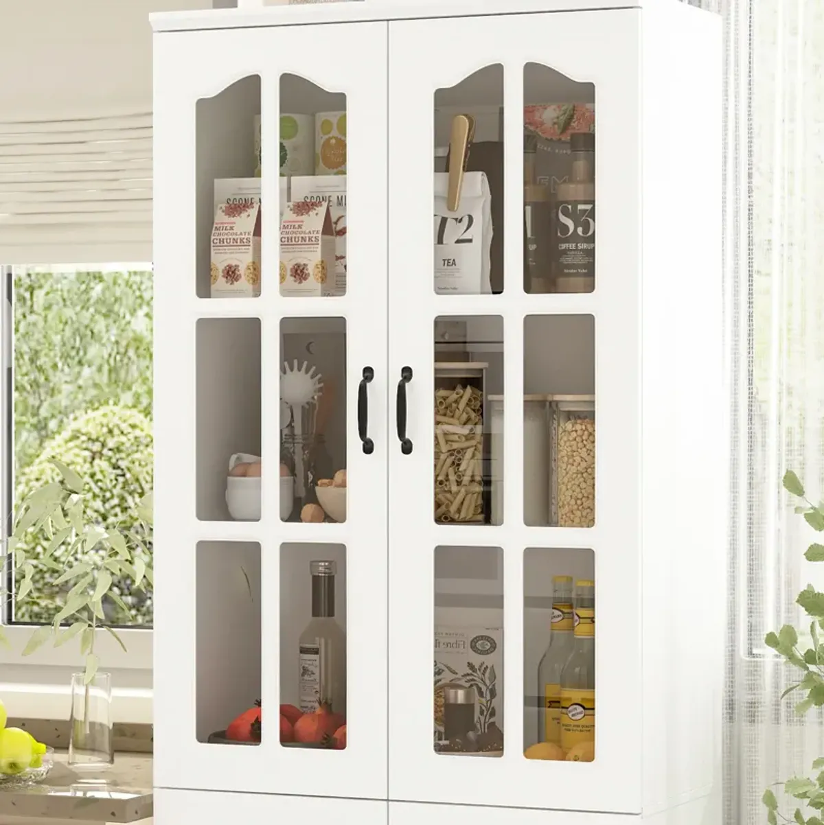 FUFU&GAGA Kitchen Pantry Cabinet with Glass Doors and Adjustable Shelves for Storage (31.5" W x 15.7" D x 78.7" H) White