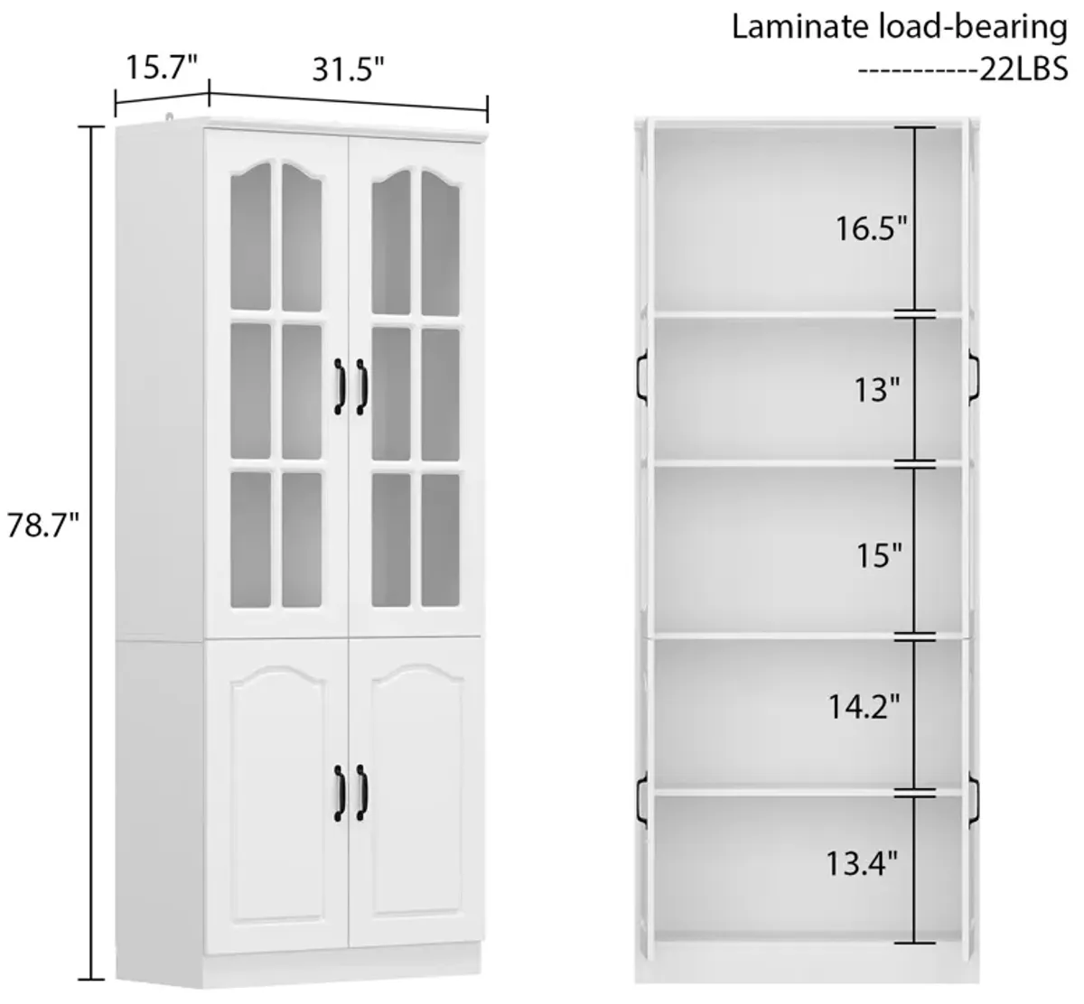 FUFU&GAGA Kitchen Pantry Cabinet with Glass Doors and Adjustable Shelves for Storage (31.5" W x 15.7" D x 78.7" H) White