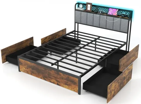 Bed Frame with LED Lights  Upholstered Headboard and 4 Storage Drawers