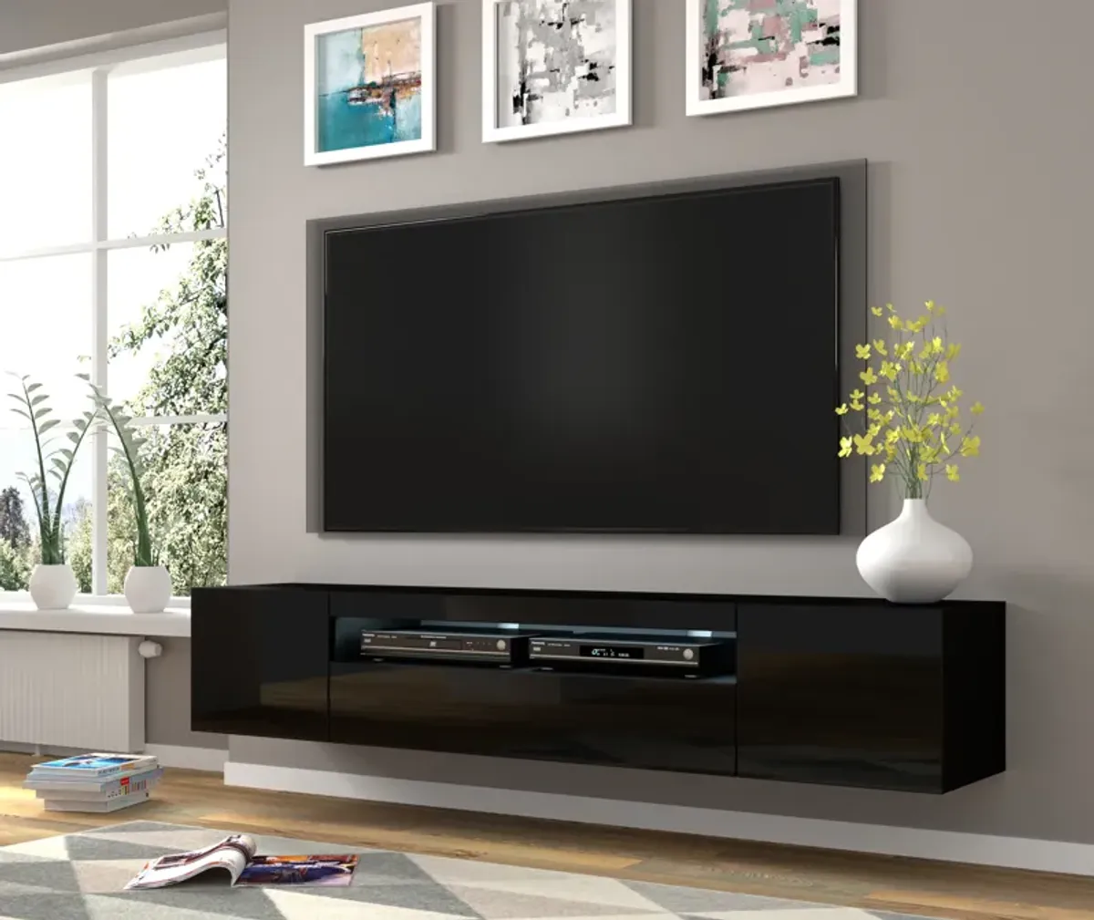 TV Stand Aura 79" Universal Cabinet Hanging or Standing Black High Gloss MDF