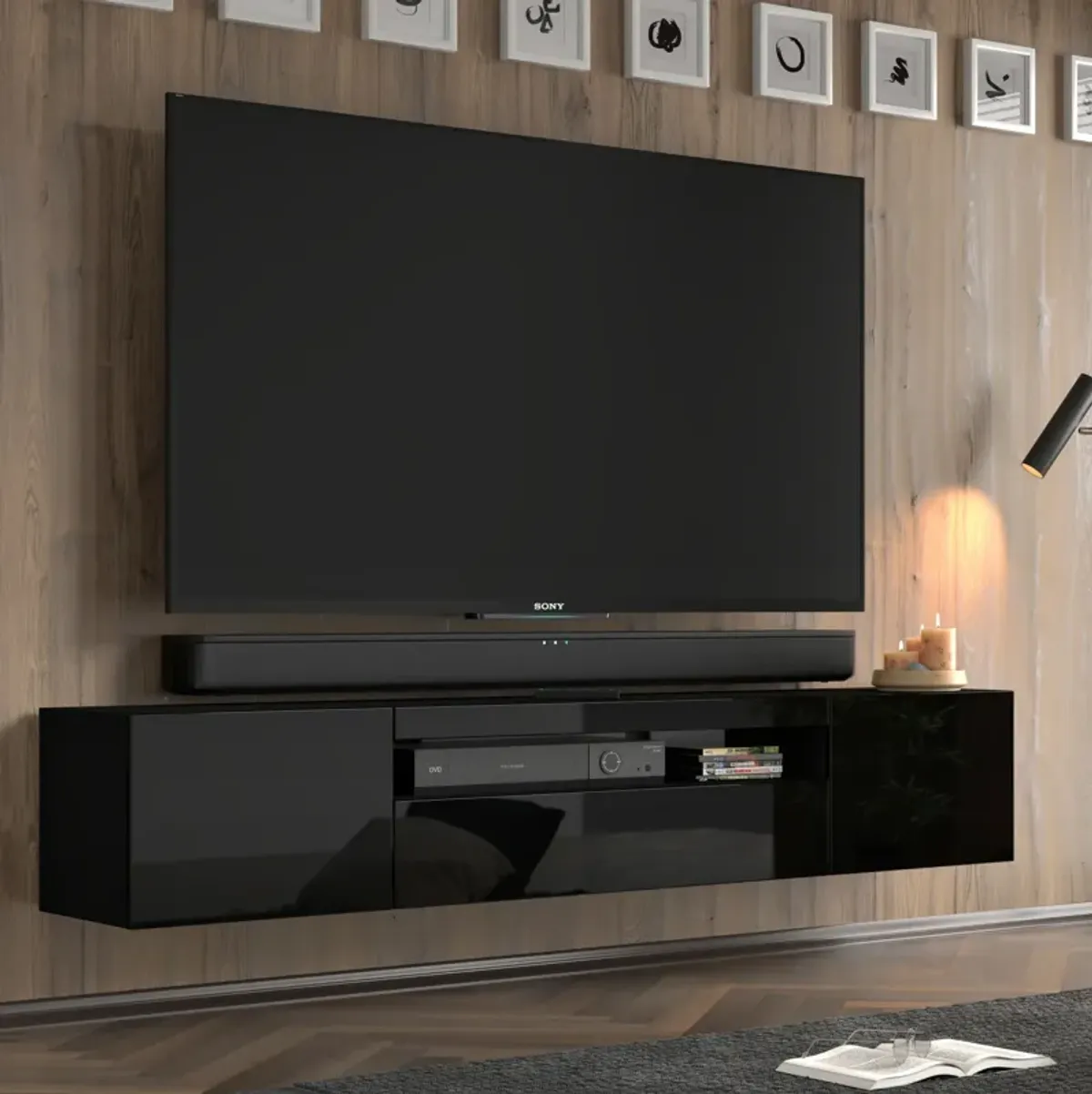 TV Stand Aura 79" Universal Cabinet Hanging or Standing Black High Gloss MDF