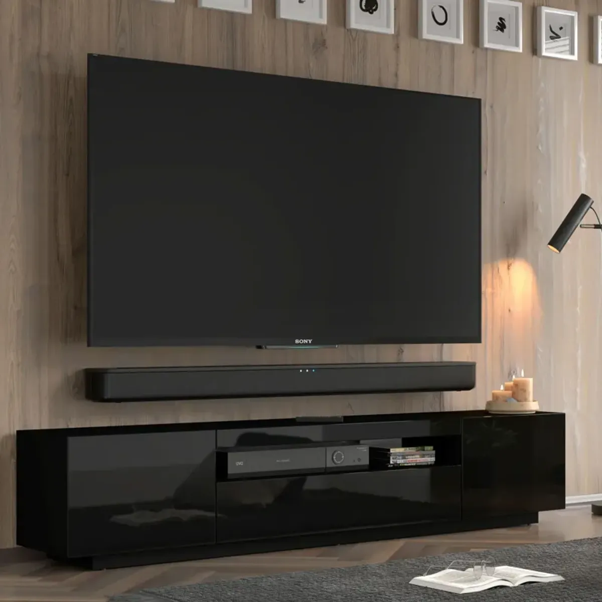 TV Stand Aura 79" Universal Cabinet Hanging or Standing Black High Gloss MDF