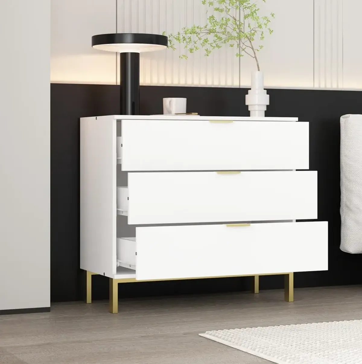 FUFU&GAGA  3-Drawers White Wood Chest of Drawers Dresser Vanity Table Storage Cabinet Nightstand 29.7 in. H x 31.5 W x 15.7 D