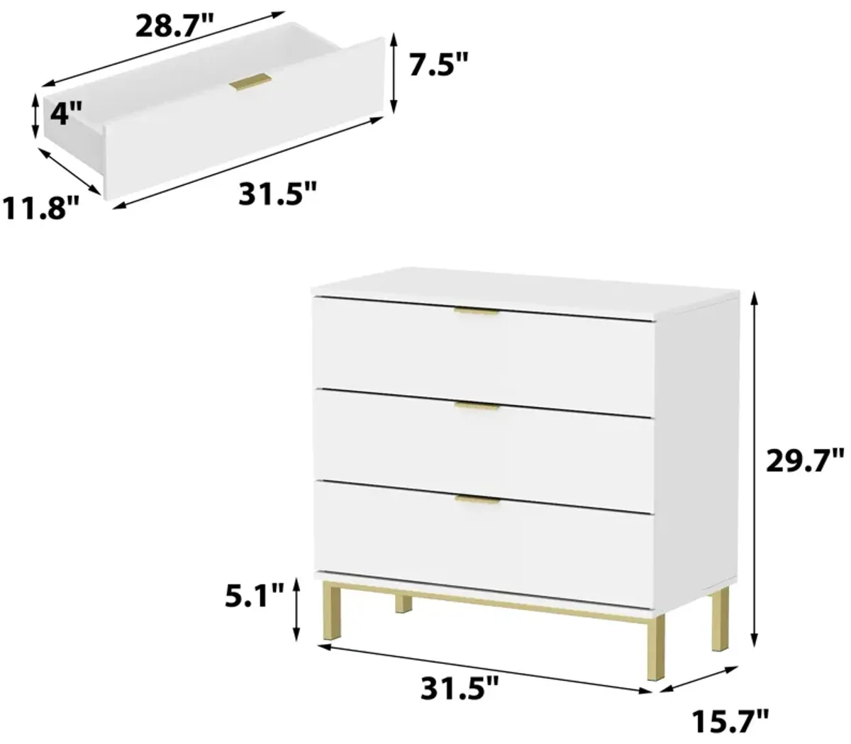 FUFU&GAGA  3-Drawers White Wood Chest of Drawers Dresser Vanity Table Storage Cabinet Nightstand 29.7 in. H x 31.5 W x 15.7 D