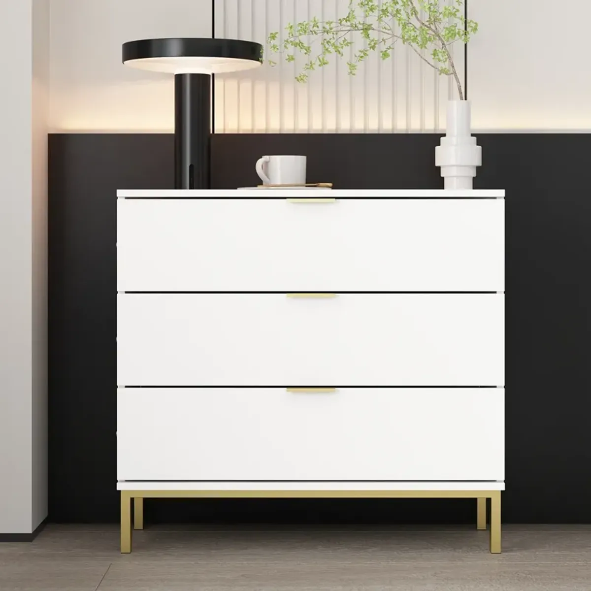 FUFU&GAGA  3-Drawers White Wood Chest of Drawers Dresser Vanity Table Storage Cabinet Nightstand 29.7 in. H x 31.5 W x 15.7 D