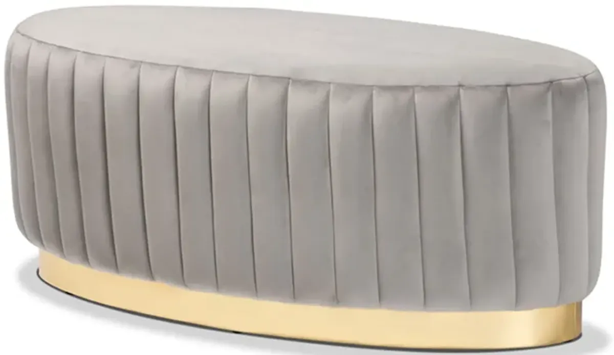 Baxton Studio Kirana Glam and Luxe Grey Velvet Fabric Upholstered and Gold PU Leather Ottoman