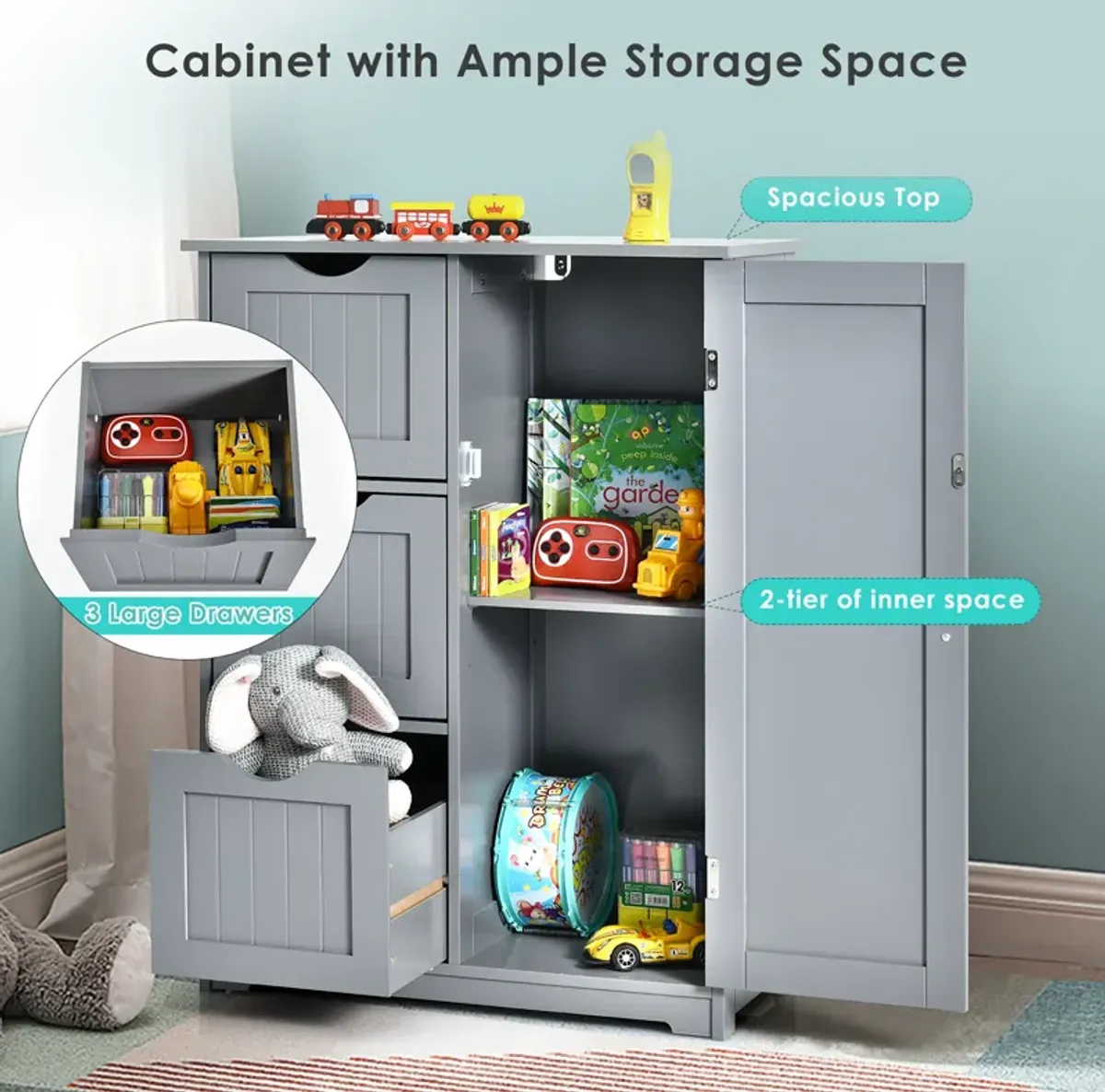 Costway Bathroom Floor Cabinet Side Storage Cabinet with 3 Drawers and 1 Cupboard Grey