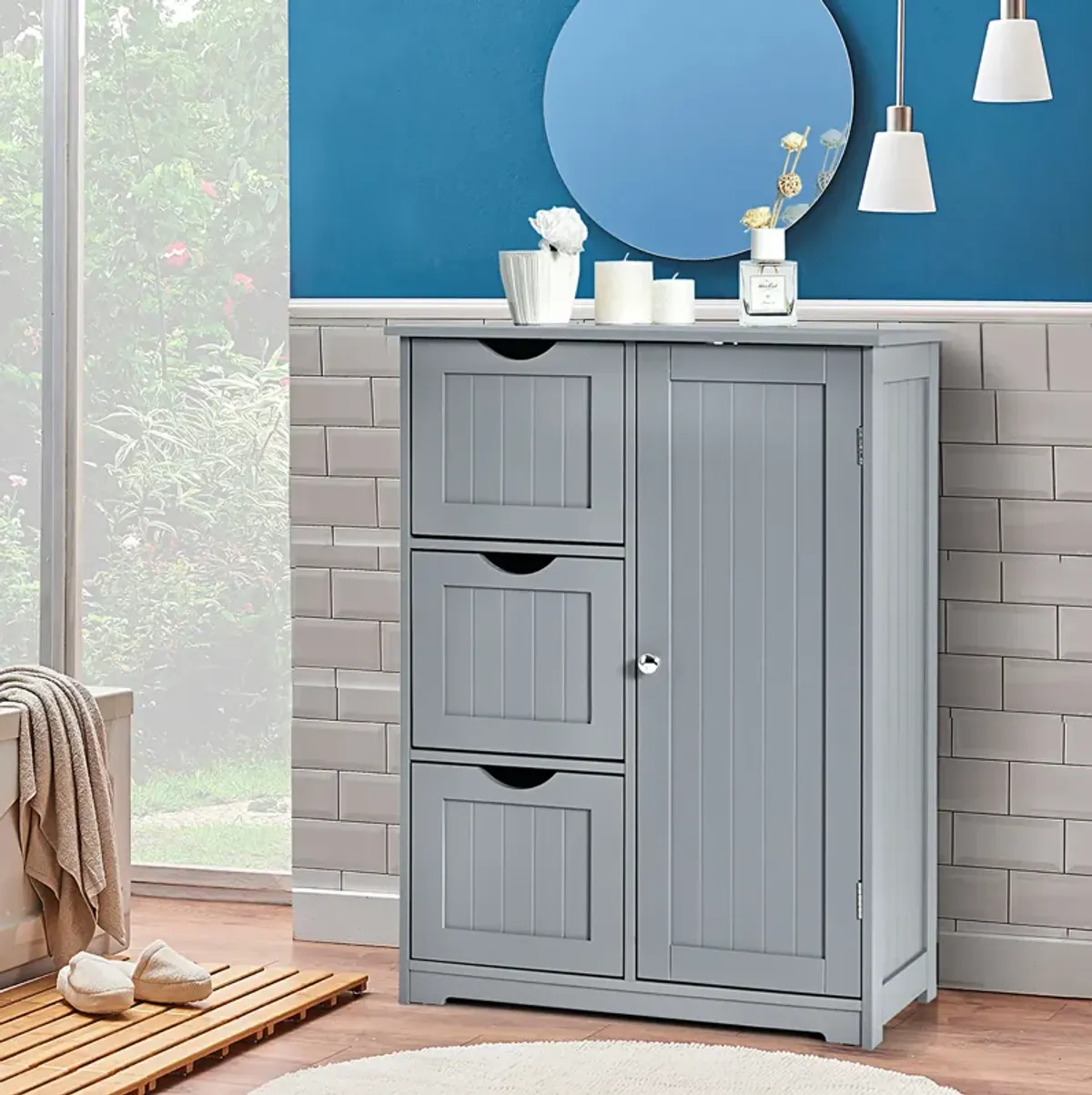 Costway Bathroom Floor Cabinet Side Storage Cabinet with 3 Drawers and 1 Cupboard Grey