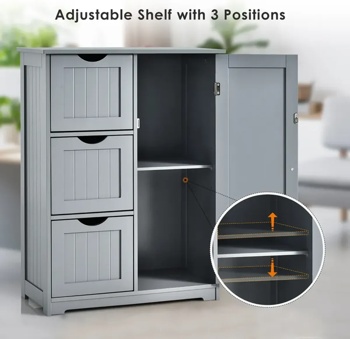 Costway Bathroom Floor Cabinet Side Storage Cabinet with 3 Drawers and 1 Cupboard Grey