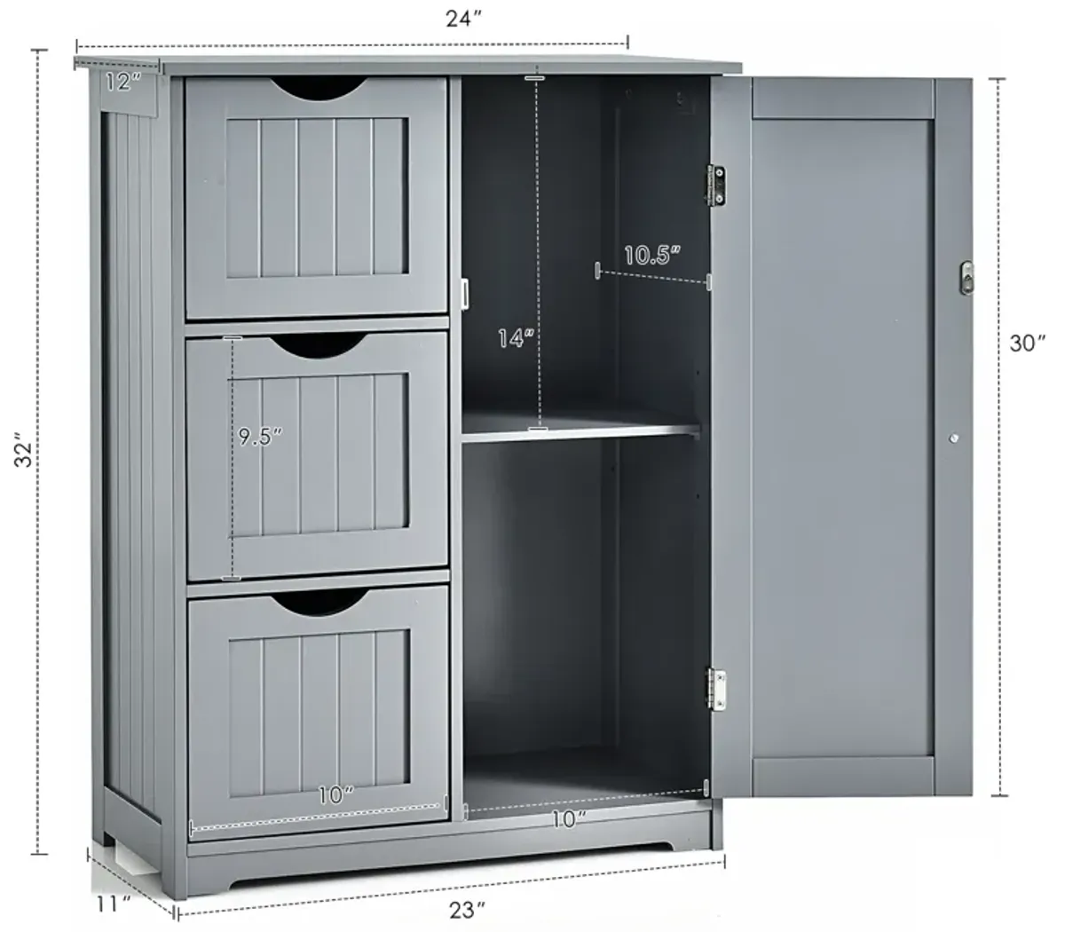 Costway Bathroom Floor Cabinet Side Storage Cabinet with 3 Drawers and 1 Cupboard Grey