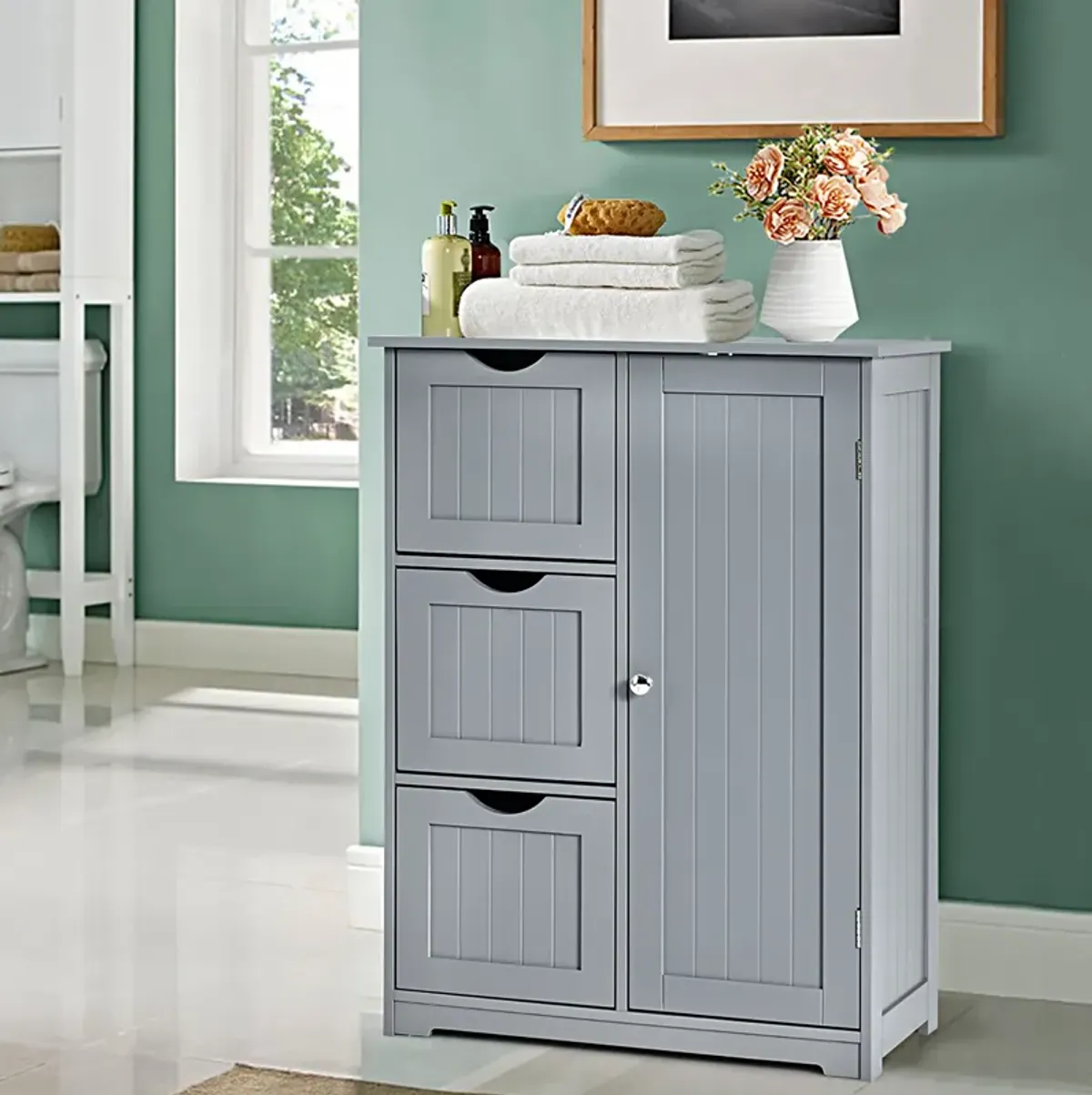 Costway Bathroom Floor Cabinet Side Storage Cabinet with 3 Drawers and 1 Cupboard Grey