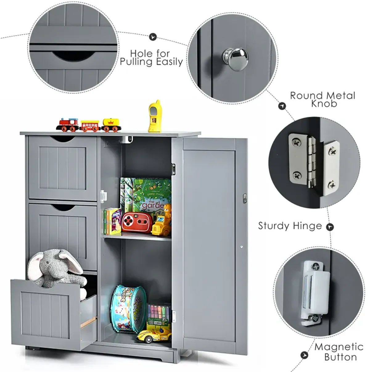 Costway Bathroom Floor Cabinet Side Storage Cabinet with 3 Drawers and 1 Cupboard Grey