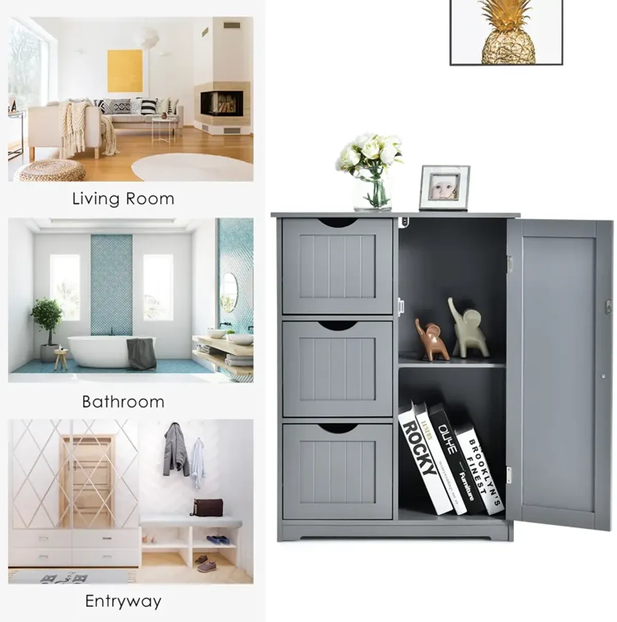 Costway Bathroom Floor Cabinet Side Storage Cabinet with 3 Drawers and 1 Cupboard Grey