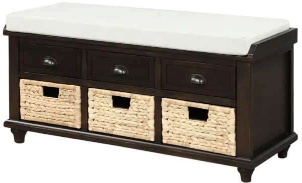 Rustic Storage Bench With 3 Drawers And 3 Rattan Baskets, Shoe Bench For Living Room