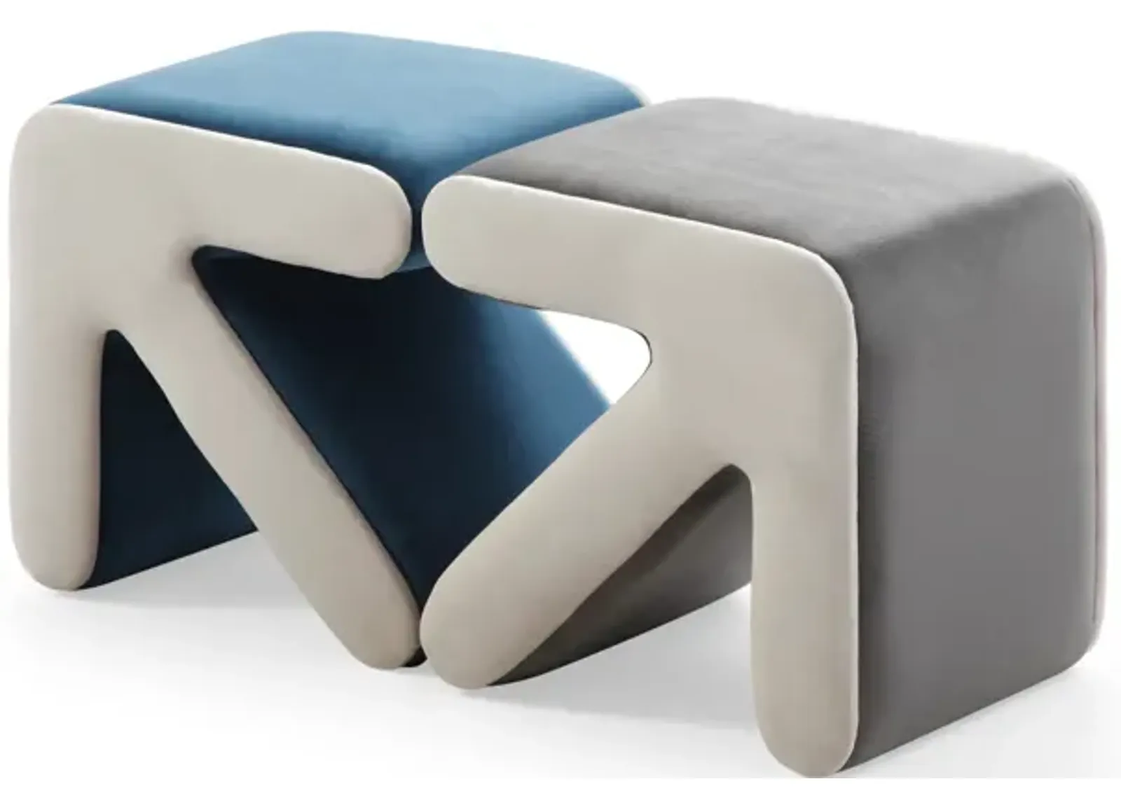 Modern Velvet Upholstered Stool & Coffee Table, Blue+Beige