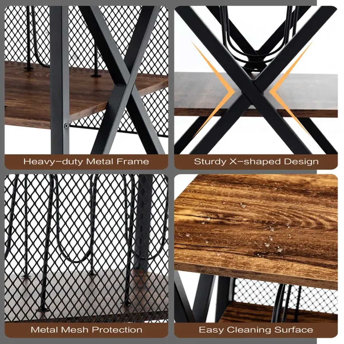 3 Tiers Vintage Style Rolling End Table with 3 Dividers for Albums-Brown