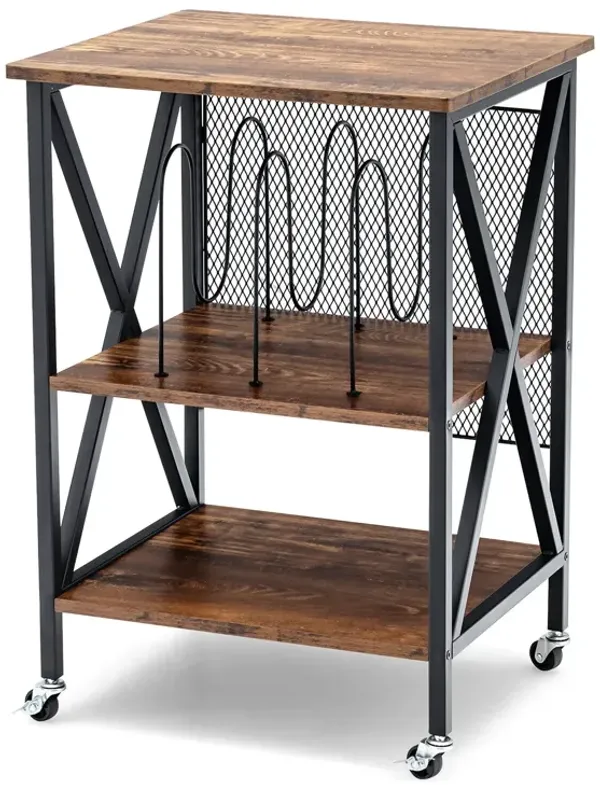 3 Tiers Vintage Style Rolling End Table with 3 Dividers for Albums-Brown