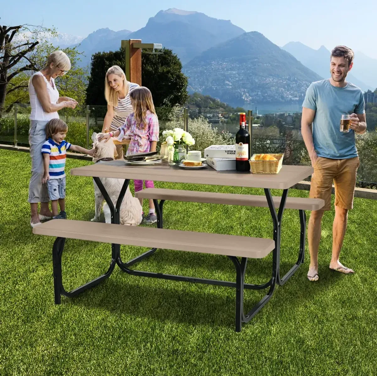 HDPE Outdoor Picnic Table Bench Set with Metal Base