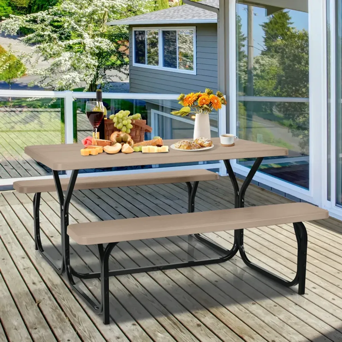 HDPE Outdoor Picnic Table Bench Set with Metal Base