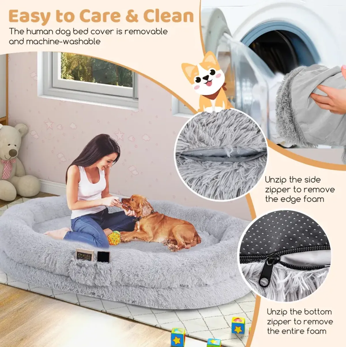 Washable Fluffy Human Dog Bed with Soft Blanket and Plump Pillow – Cozy Pet Bed for Comfort and Rest