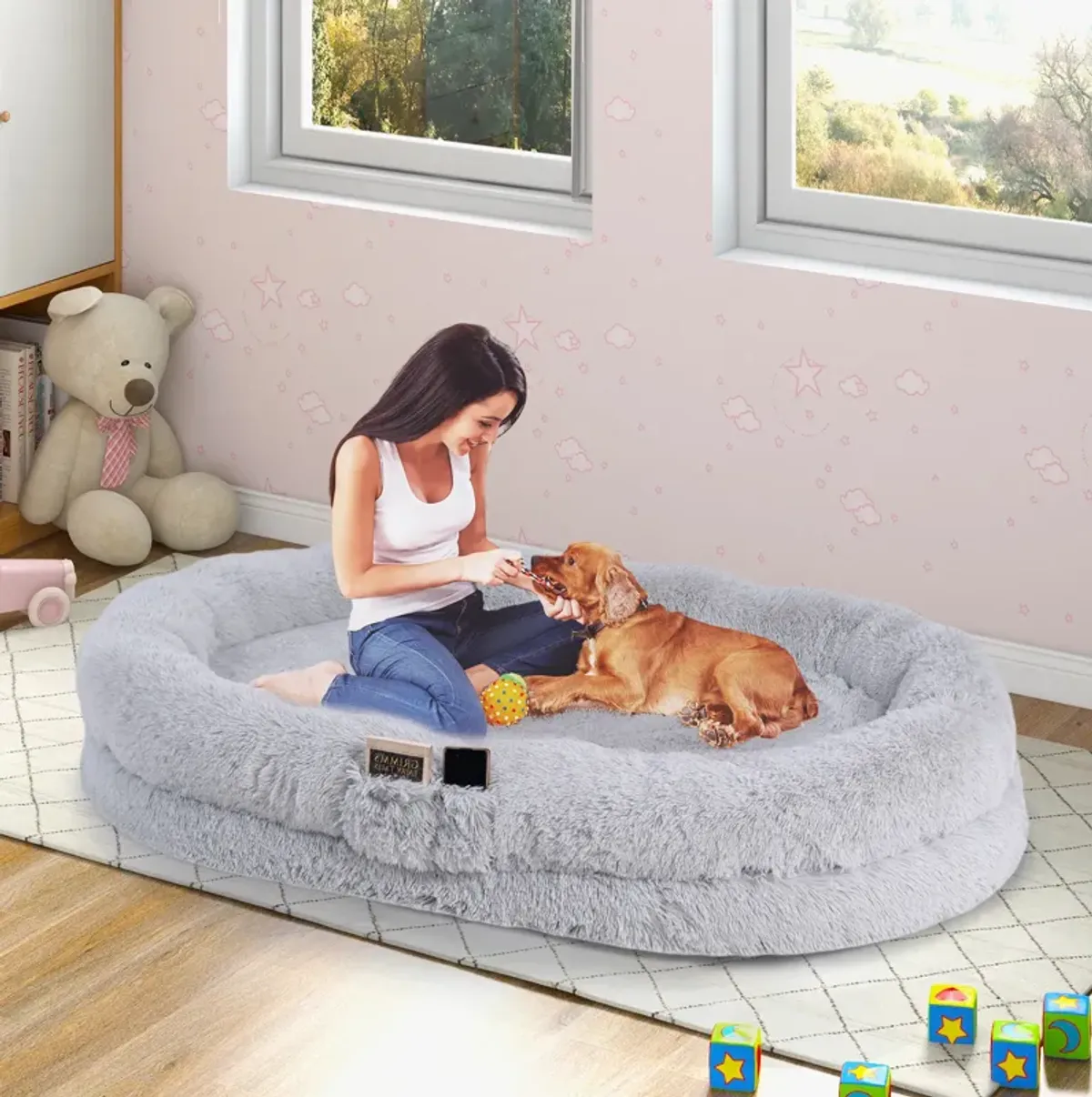 Washable Fluffy Human Dog Bed with Soft Blanket and Plump Pillow – Cozy Pet Bed for Comfort and Rest