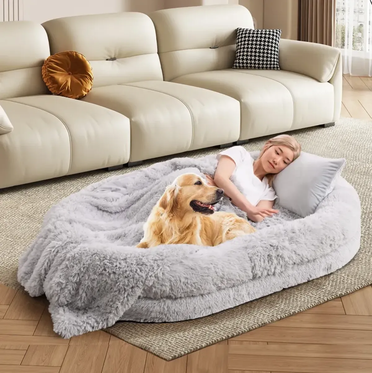 Washable Fluffy Human Dog Bed with Soft Blanket and Plump Pillow – Cozy Pet Bed for Comfort and Rest