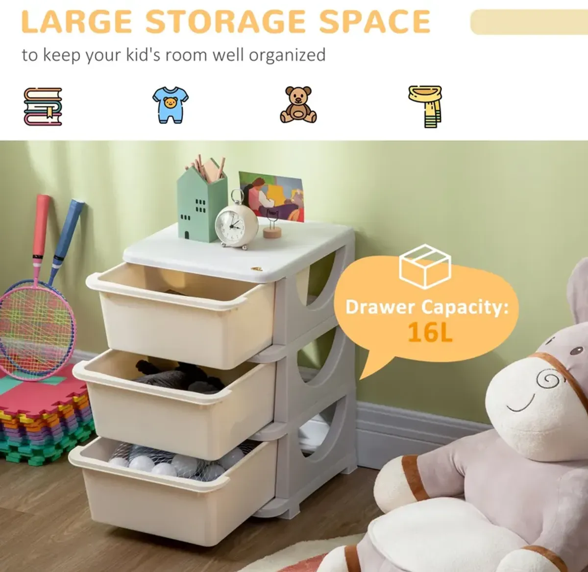 Cream White Kids' Storage: 3-Tier Organizer with Spacious Drawers