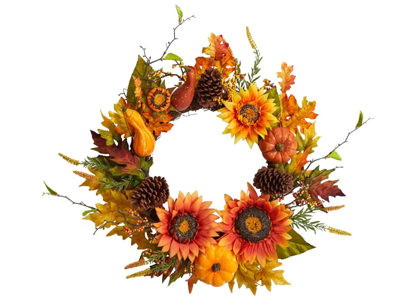 HomPlanti 24" Fall Sunflower, Pumpkin, Gourds, Pinecone and Berries Autumn Artificial Wreath