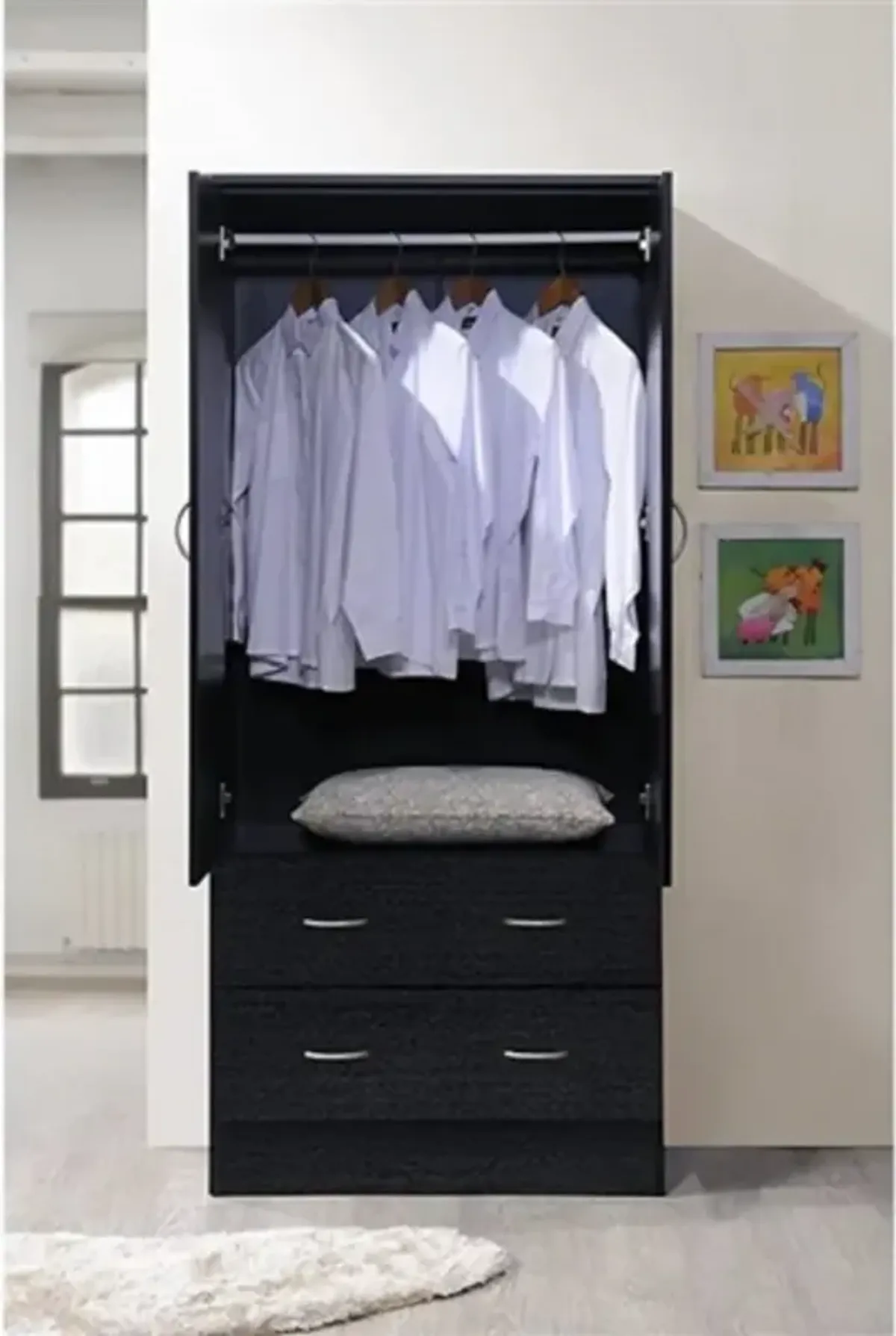 Contemporary Bedroom Wardrobe – Armoire with 2 Doors, Hanging Rod & Storage Drawers
