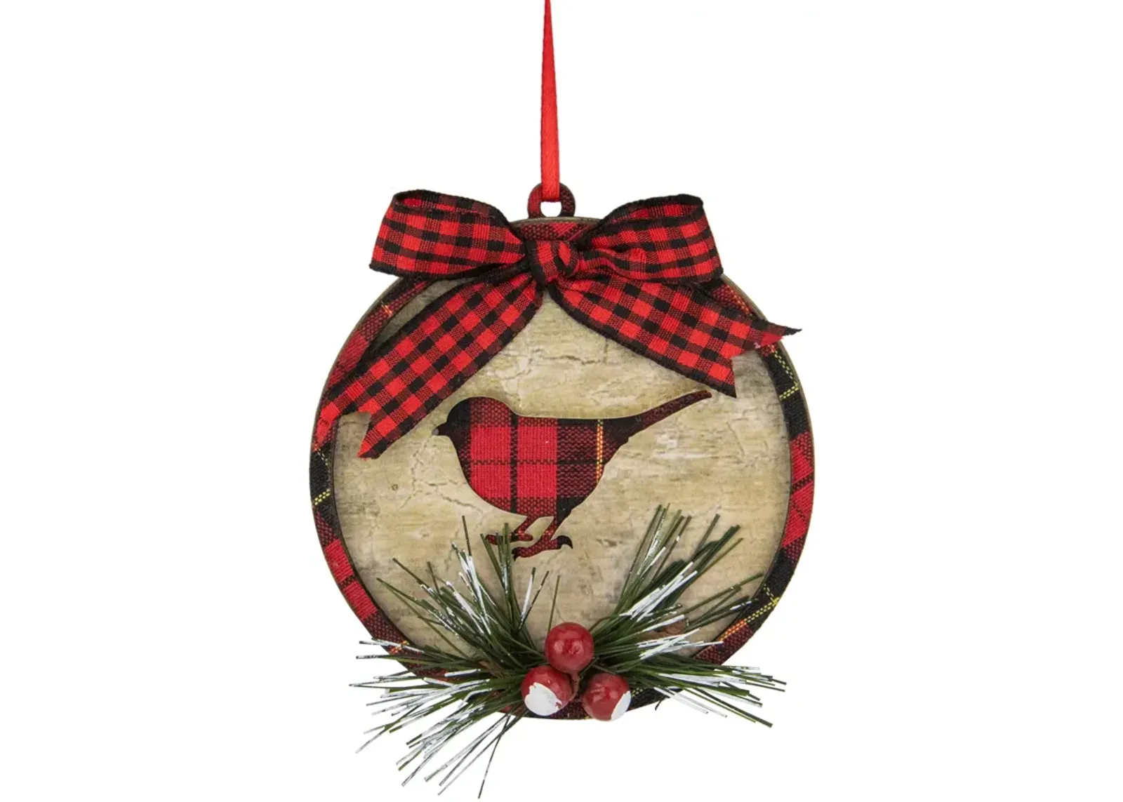 4" Red and Black Plaid Cardinal Disc Christmas Ornament