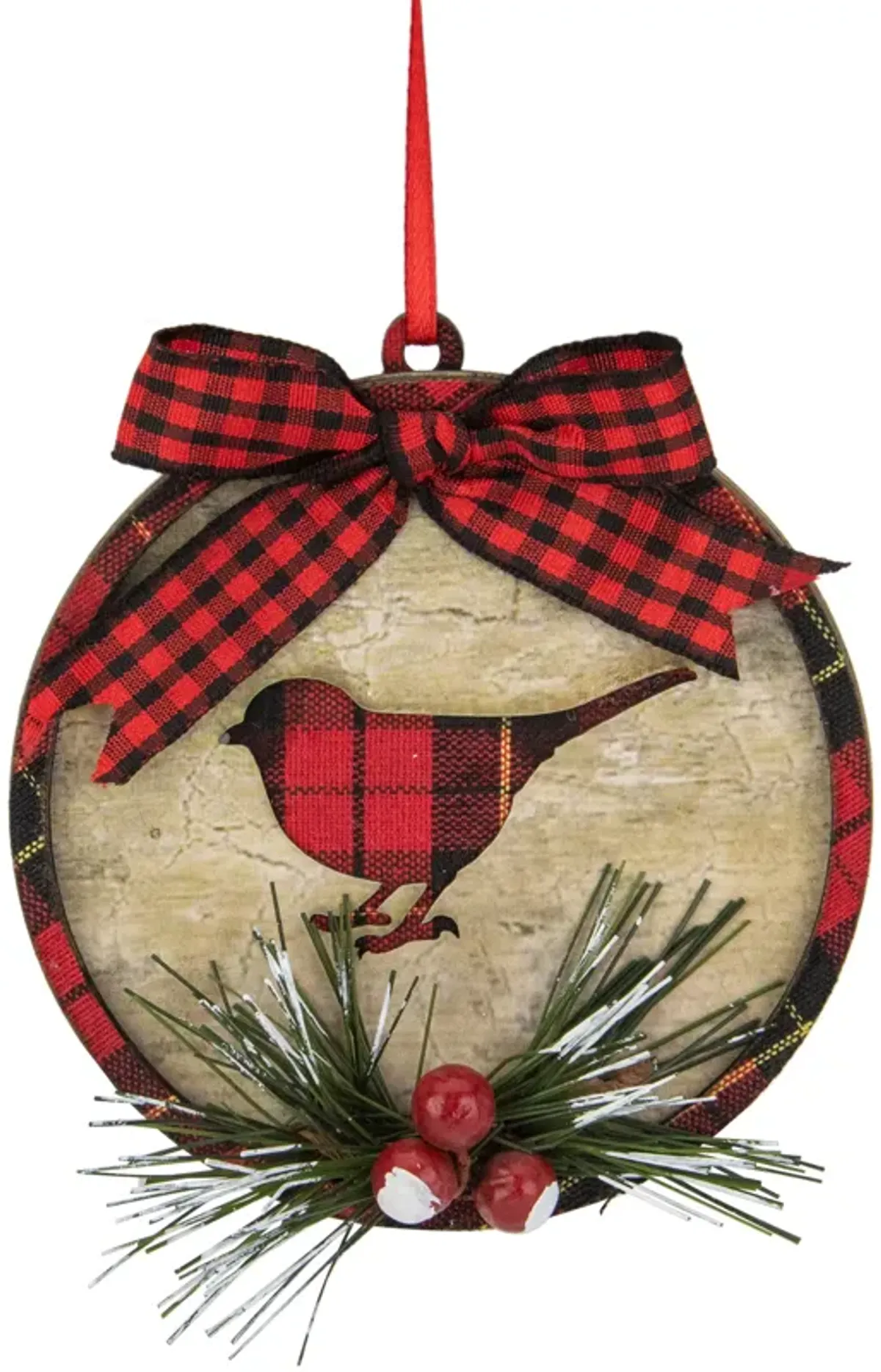 4" Red and Black Plaid Cardinal Disc Christmas Ornament