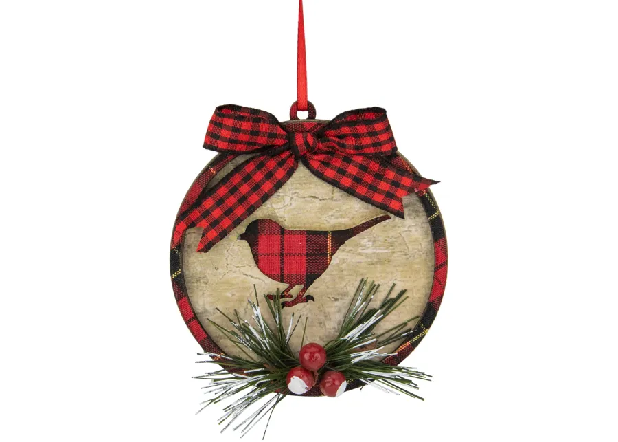 4" Red and Black Plaid Cardinal Disc Christmas Ornament