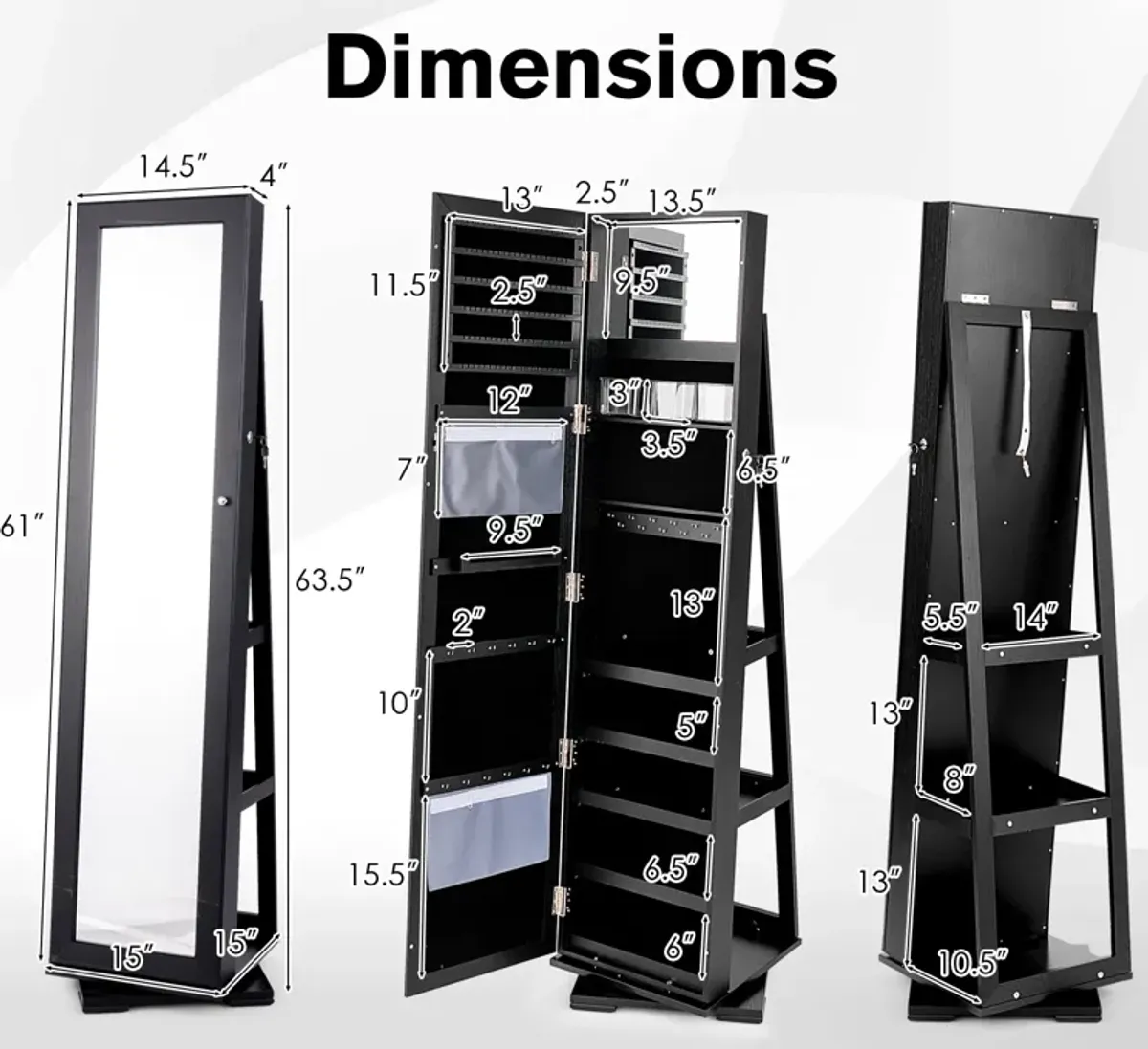 360° Rotatable 2-in-1 Lockable Jewelry Cabinet with Full-Length Mirror