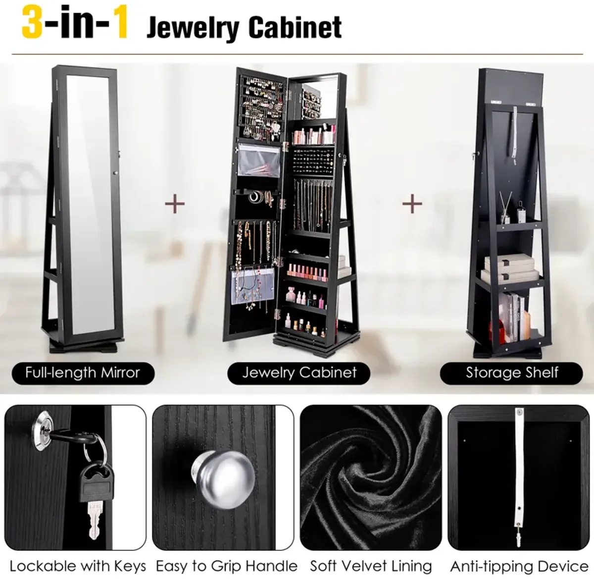 360° Rotatable 2-in-1 Lockable Jewelry Cabinet with Full-Length Mirror