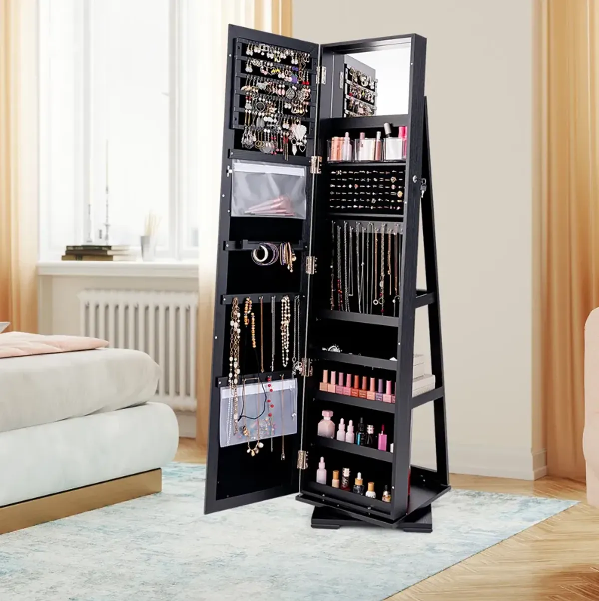 360° Rotatable 2-in-1 Lockable Jewelry Cabinet with Full-Length Mirror