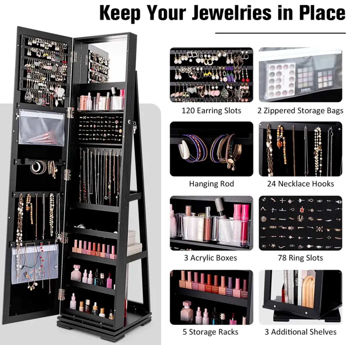 360° Rotatable 2-in-1 Lockable Jewelry Cabinet with Full-Length Mirror